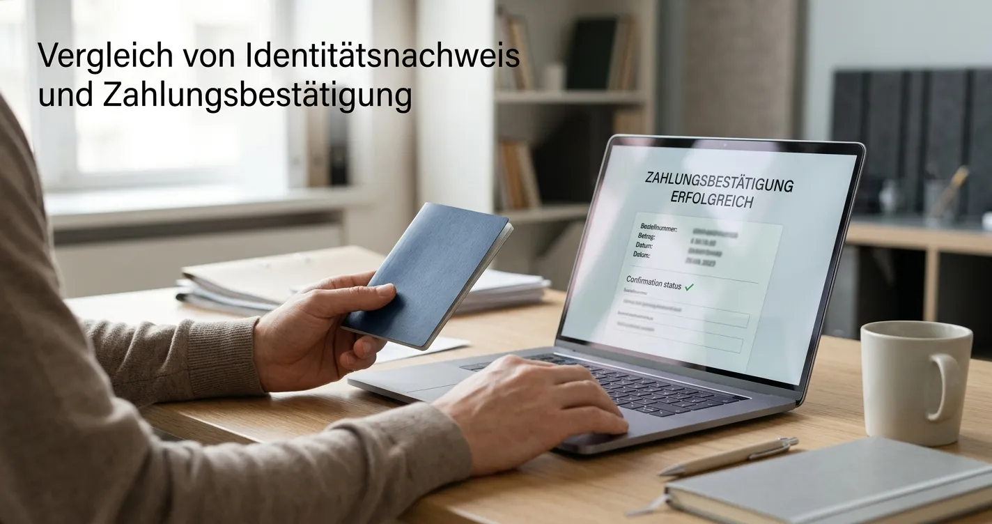 Person prüft Ausweis und Zahlungsnachweis an einem neutralen Arbeitsplatz