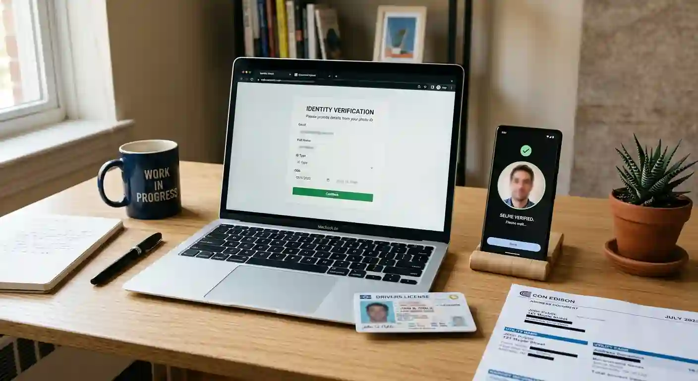 Person am Schreibtisch mit Laptop, Personalausweis und Verifizierungsdokument