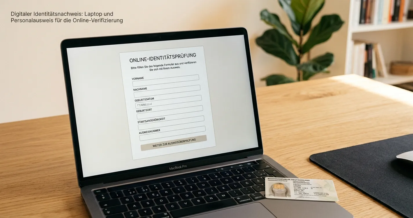 Laptop-Bildschirm mit neutralem KYC-Verifizierungsformular und Personalausweis daneben
