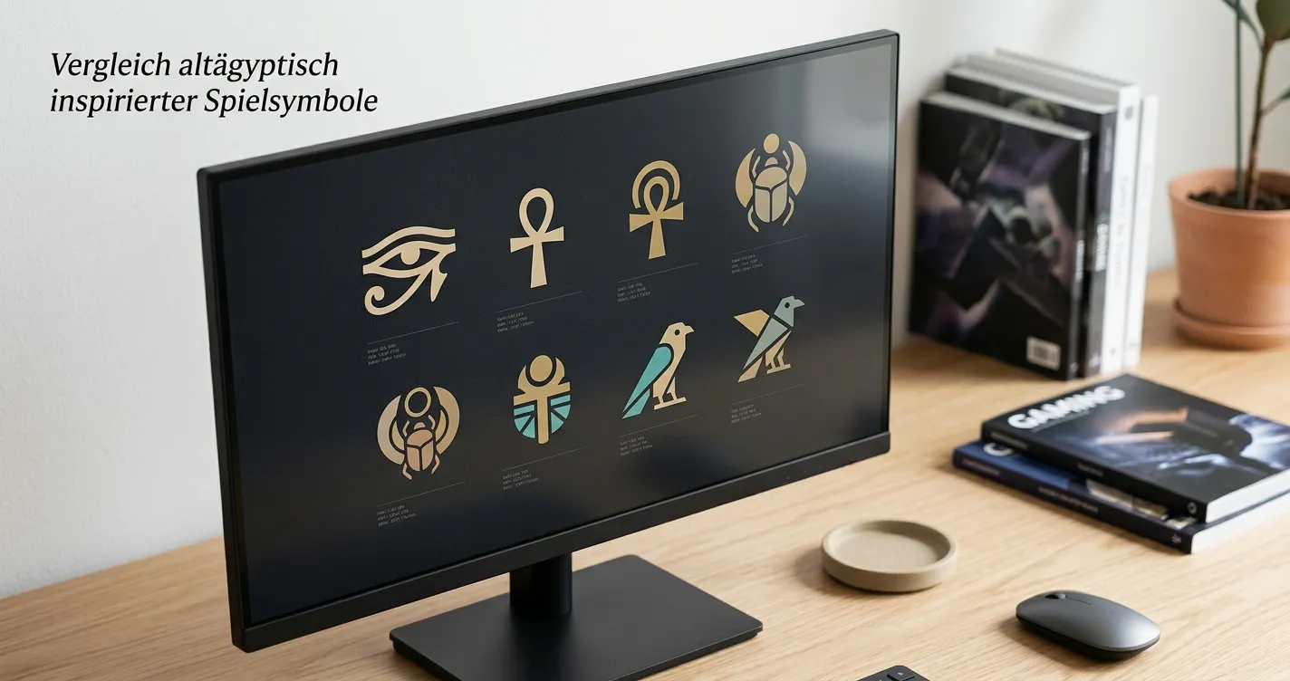 Neutrale Auswahl ägyptisch inspirierter Spielsymbole auf einem Monitor