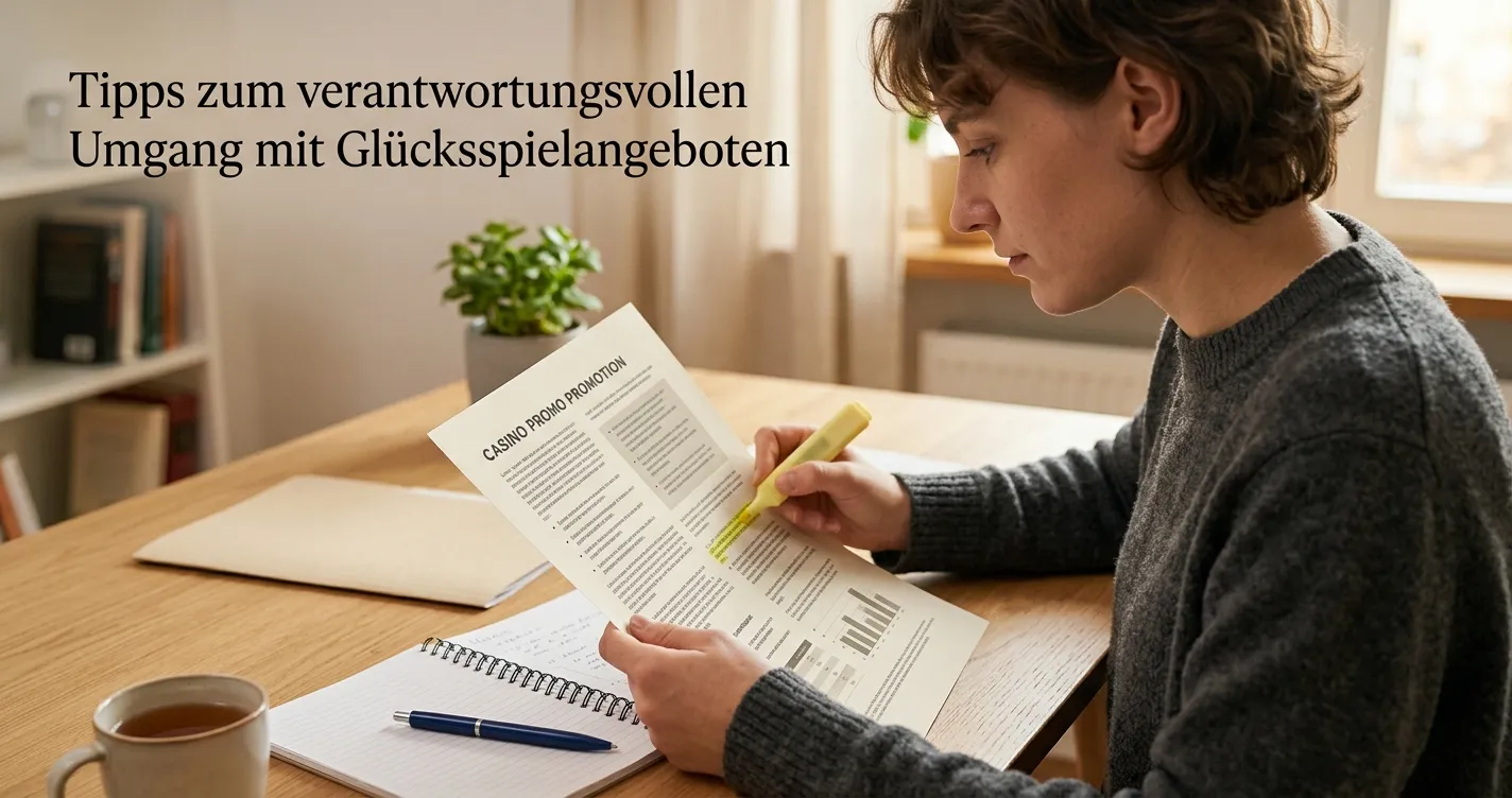 Neutraler Bonusbedingungen-Text mit markierten Umsatzregeln auf einem Schreibtisch