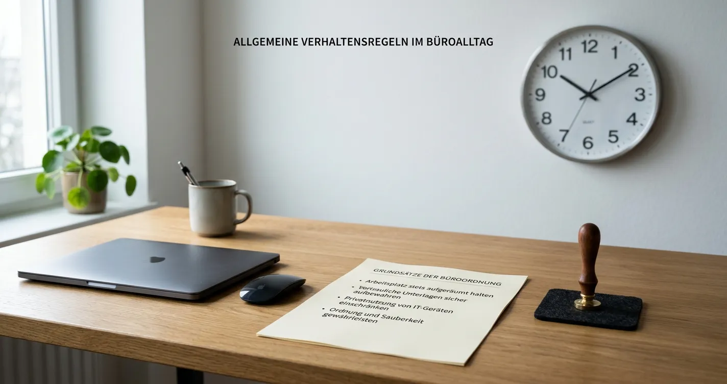 Neutrales deutsches Regelblatt neben Uhr und geschlossenem Laptop