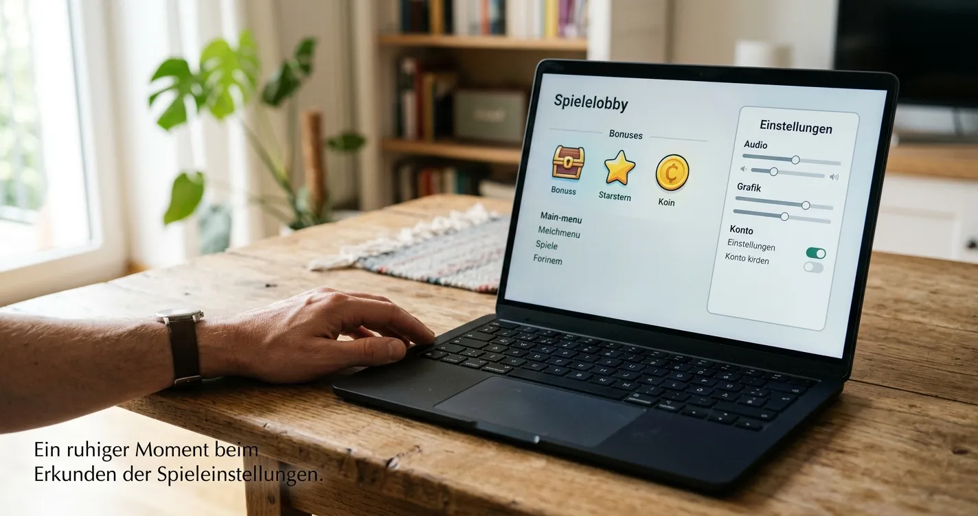 Laptop mit neutraler Spieloberfläche und mehreren legalen Bonusmechaniken ohne Markenlogo