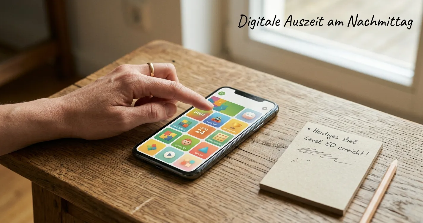 Smartphone mit Casino-App auf einem Tisch, Spieler mit kleinem Guthaben