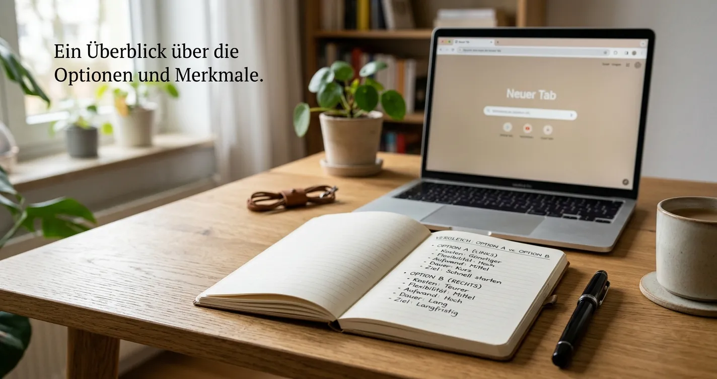 Notizbuch mit handschriftlichem Vergleich von Anbietern und einem Laptop im Hintergrund