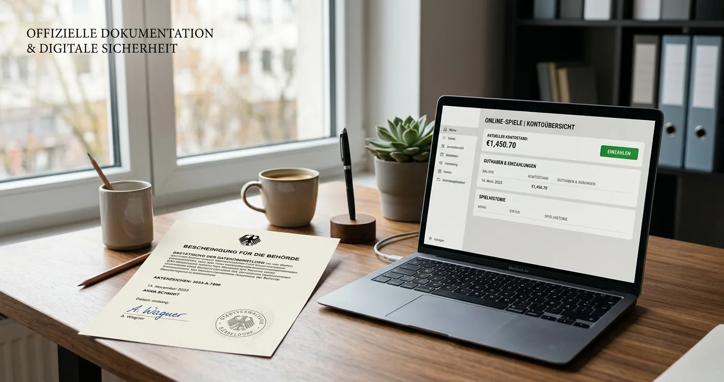 Schreibtisch mit amtlichem Dokument und Laptop zur Prüfung legaler Online Casinos in Deutschland