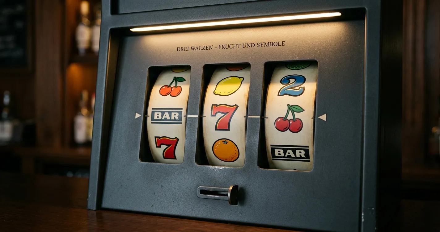 Spielautomat mit Walzen ohne Markenzeichen als Symbol für legales virtuelles Automatenspiel