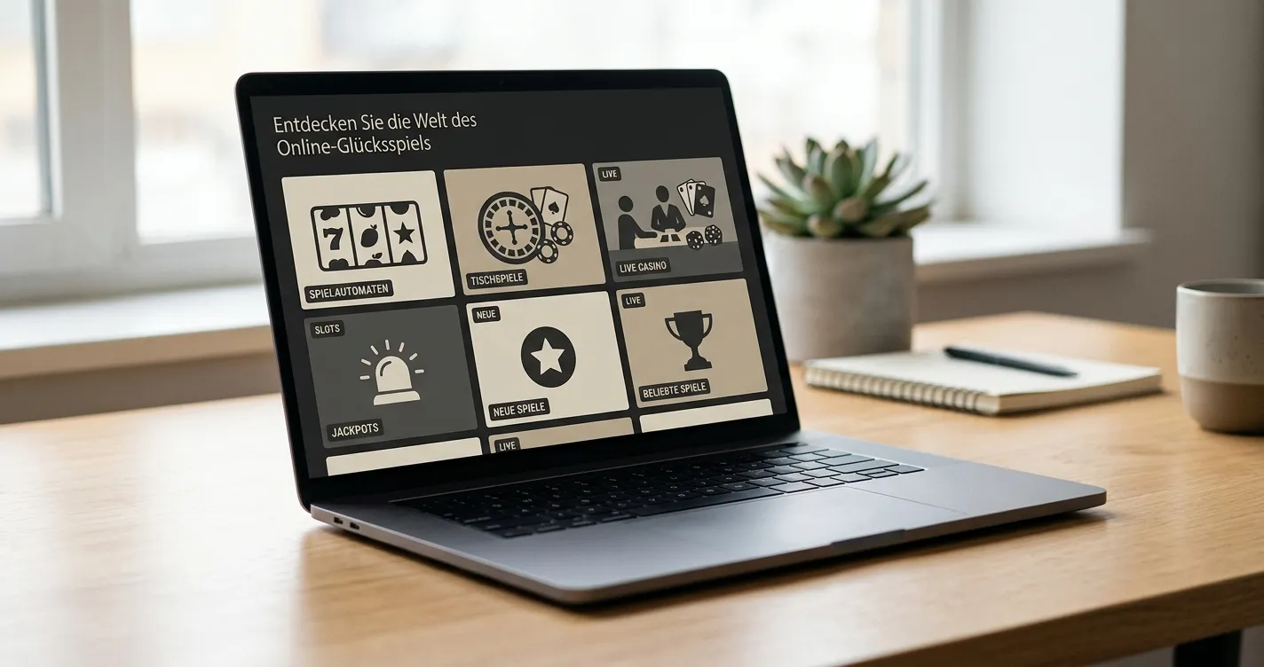 Neutrale Übersicht von Spielautomaten, Blackjack und Roulette auf einem Laptop