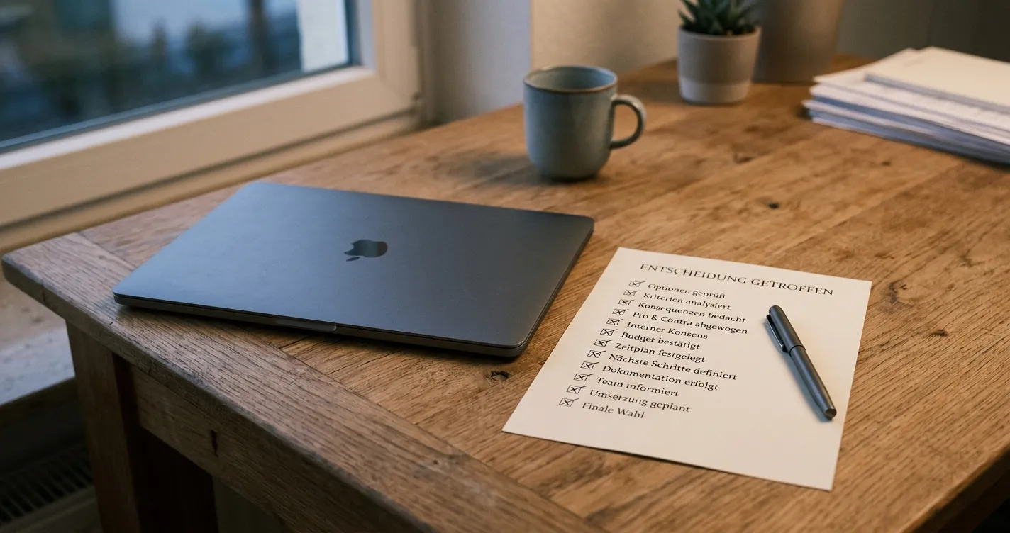 Ruhiger Schreibtisch mit abgeschlossener Prüfliste und geschlossenem Laptop