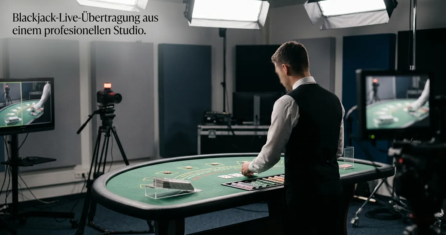 Physischer Live-Blackjack-Tisch mit sichtbarer Kartenübergabe und neutralem Studio