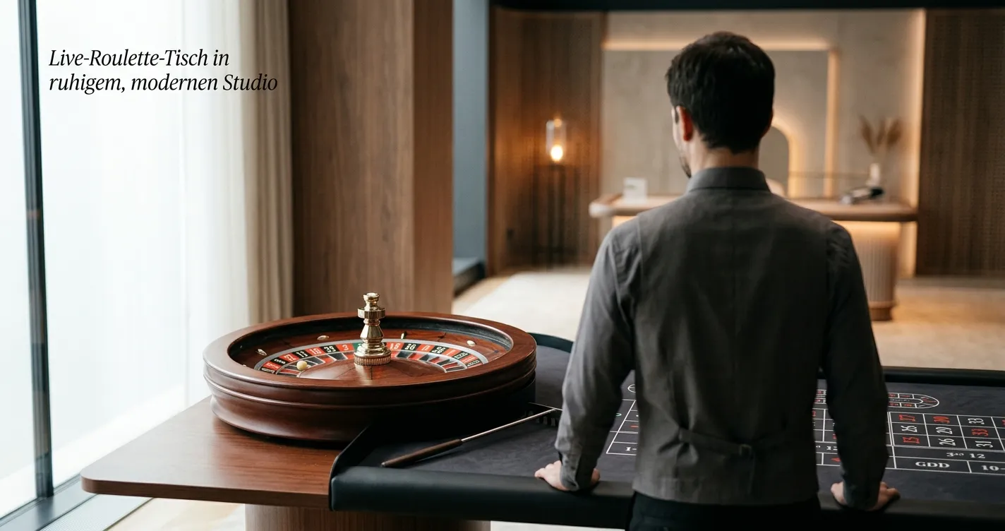 Live-Roulette-Tisch mit neutralem Croupier und deutscher Spieloberfläche