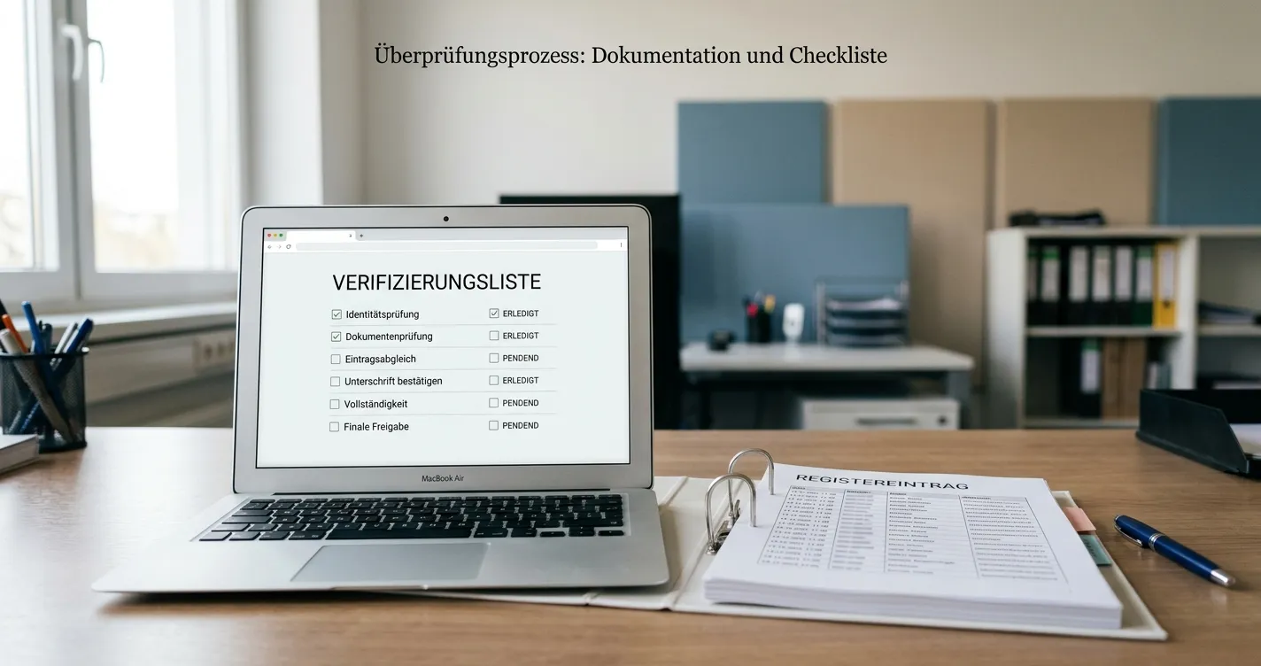 Amtliche Prüfliste neben Laptop mit neutraler Roulette-Seite