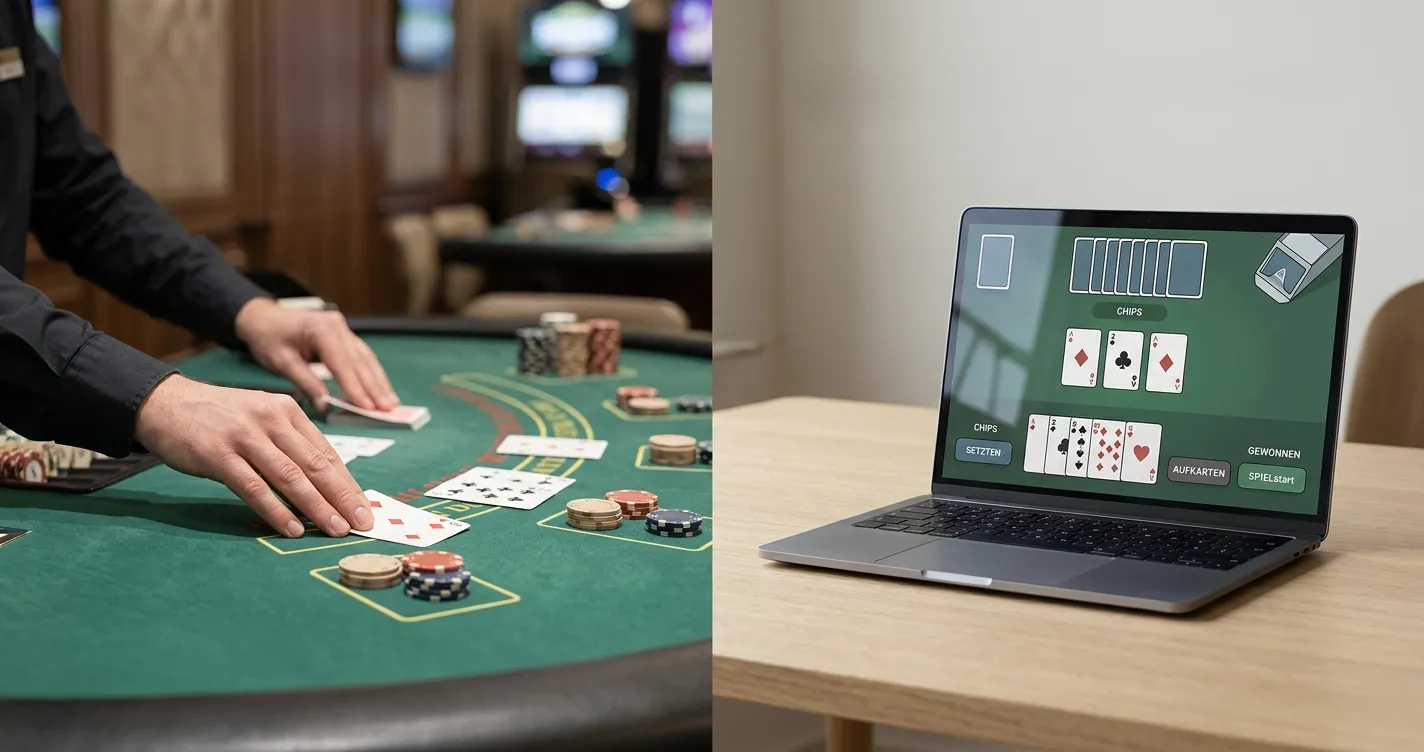 Split-Screen mit physischem Blackjack-Tisch und virtueller Kartenoberfläche