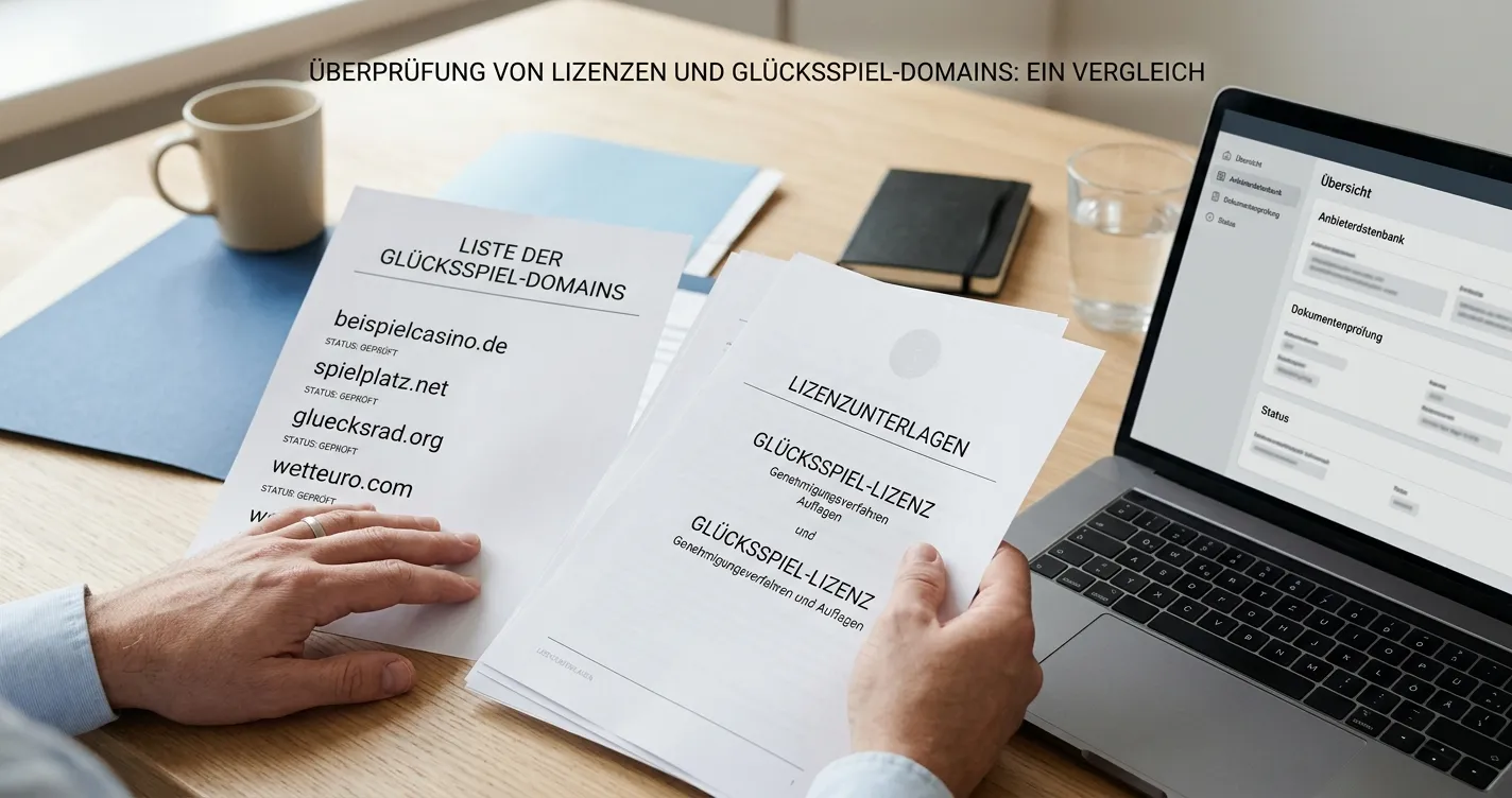 Neutrale Hände vergleichen Lizenzunterlagen und eine Domainliste auf einem Schreibtisch