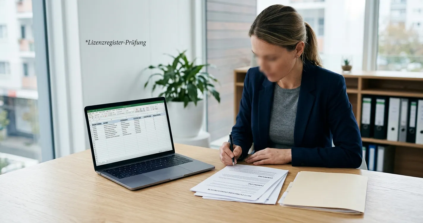 Person prüft Lizenzregister und Geschäftsbedingungen an einem neutralen Arbeitsplatz