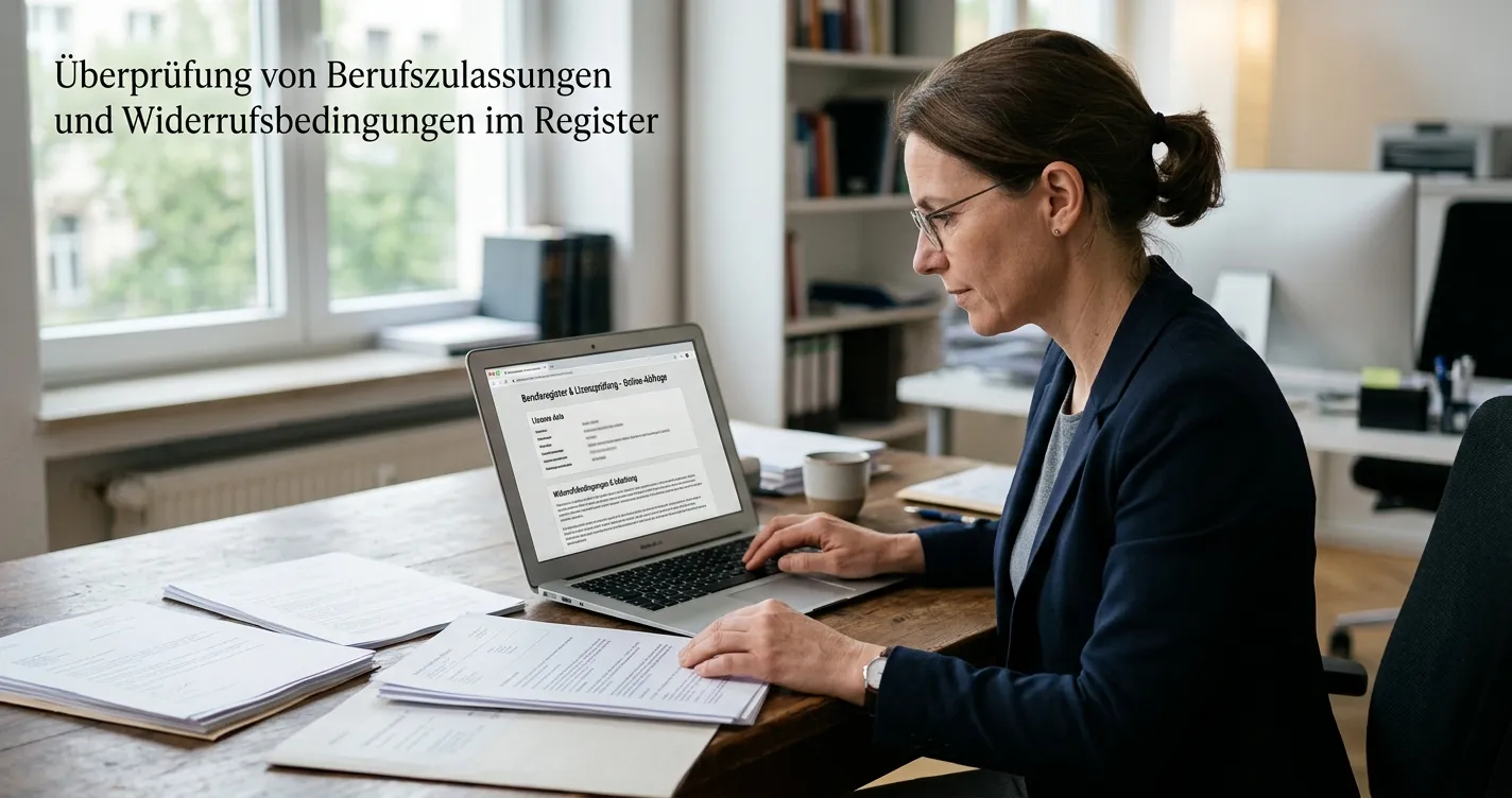 Person prüft Lizenzregister und Auszahlungsbedingungen an einem aufgeräumten Arbeitsplatz