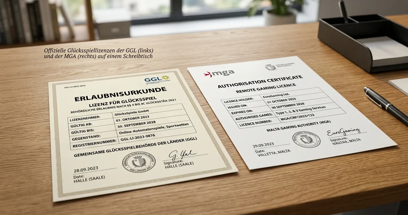 Zwei aufgeschlagene Lizenzdokumente nebeneinander — deutsches GGL-Dokument und maltesisches MGA-Dokument