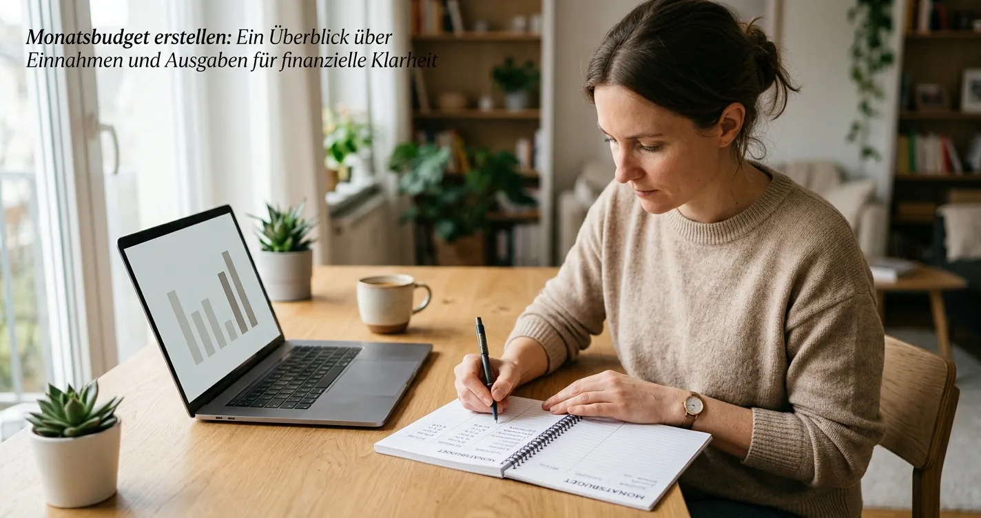 Person mit Notizbuch und eigenem Monatsbudget am Laptop
