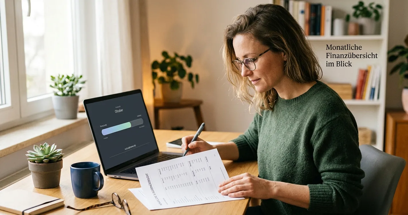 Person prüft ein neutrales Monatslimit auf einem Dokument neben einem Laptop