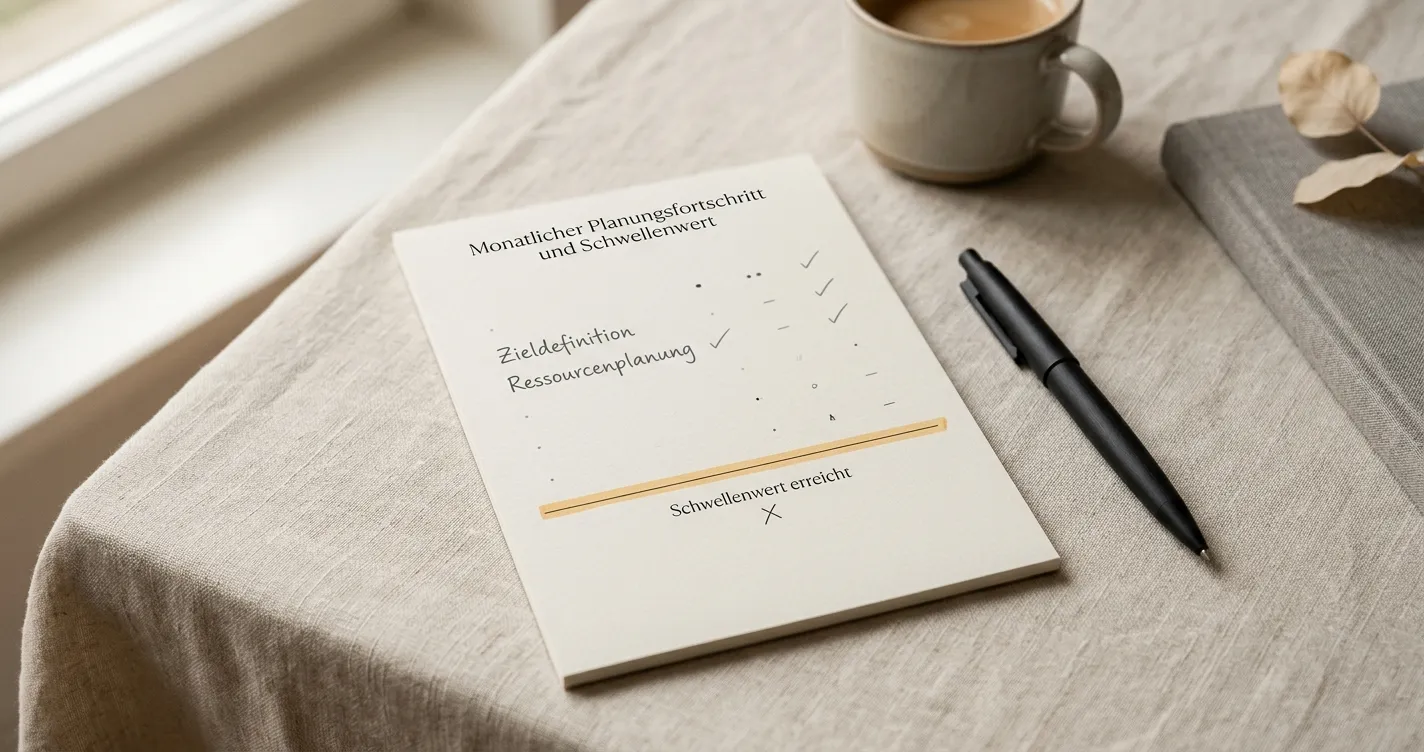 Neutrale Monatsübersicht mit markierter Einzahlungsschwelle und Stift
