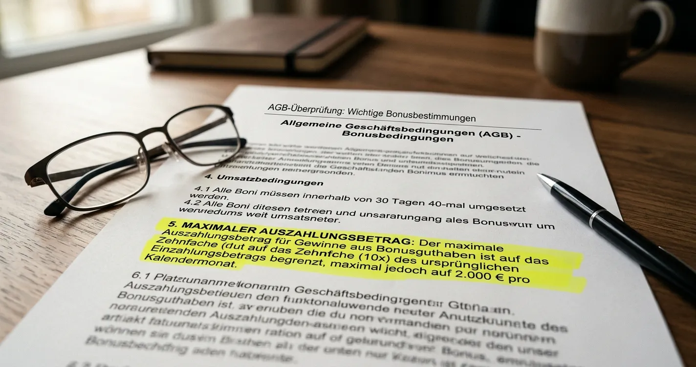 Nahaufnahme von Casino-AGB-Dokument mit markierten Max-Cashout-Klauseln