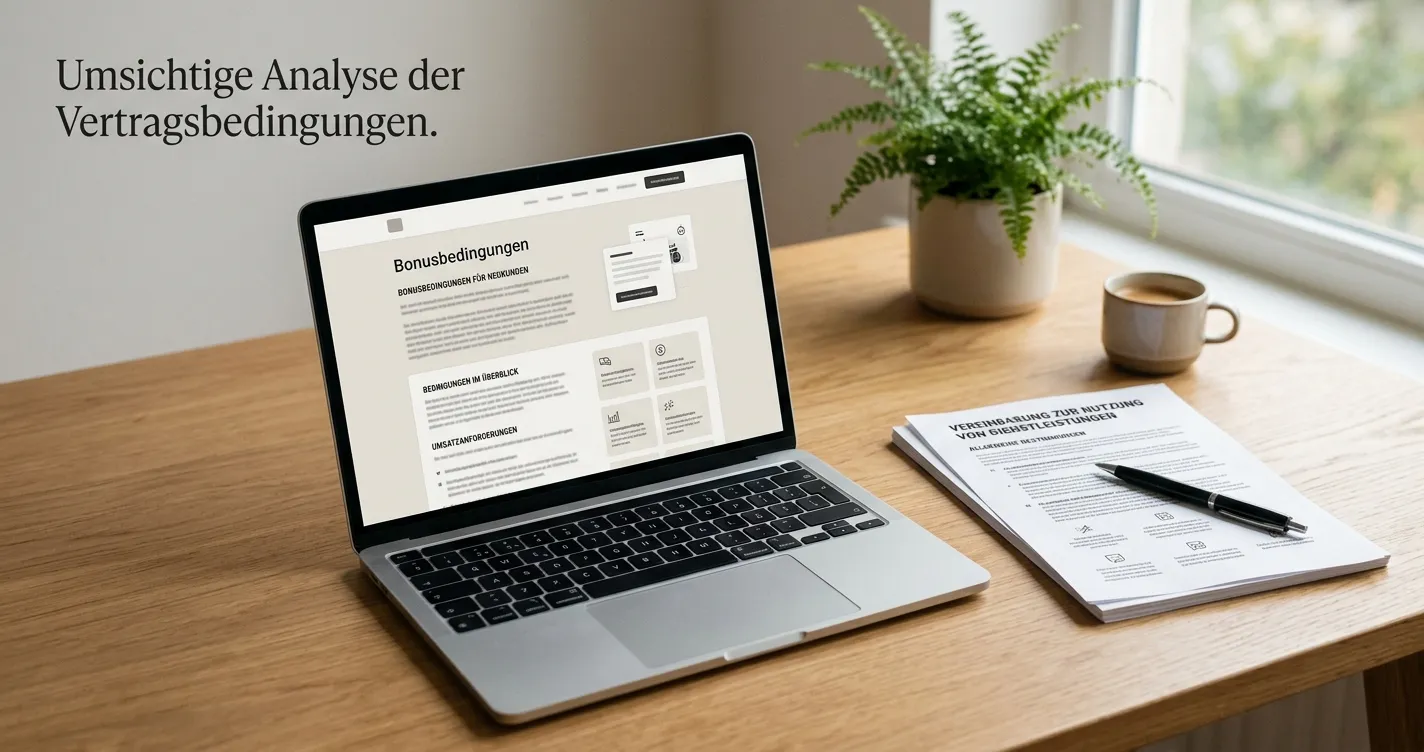 Ordentlicher Schreibtisch mit neutralen Bonusbedingungen und Zahlungssymbolen auf einem Laptop