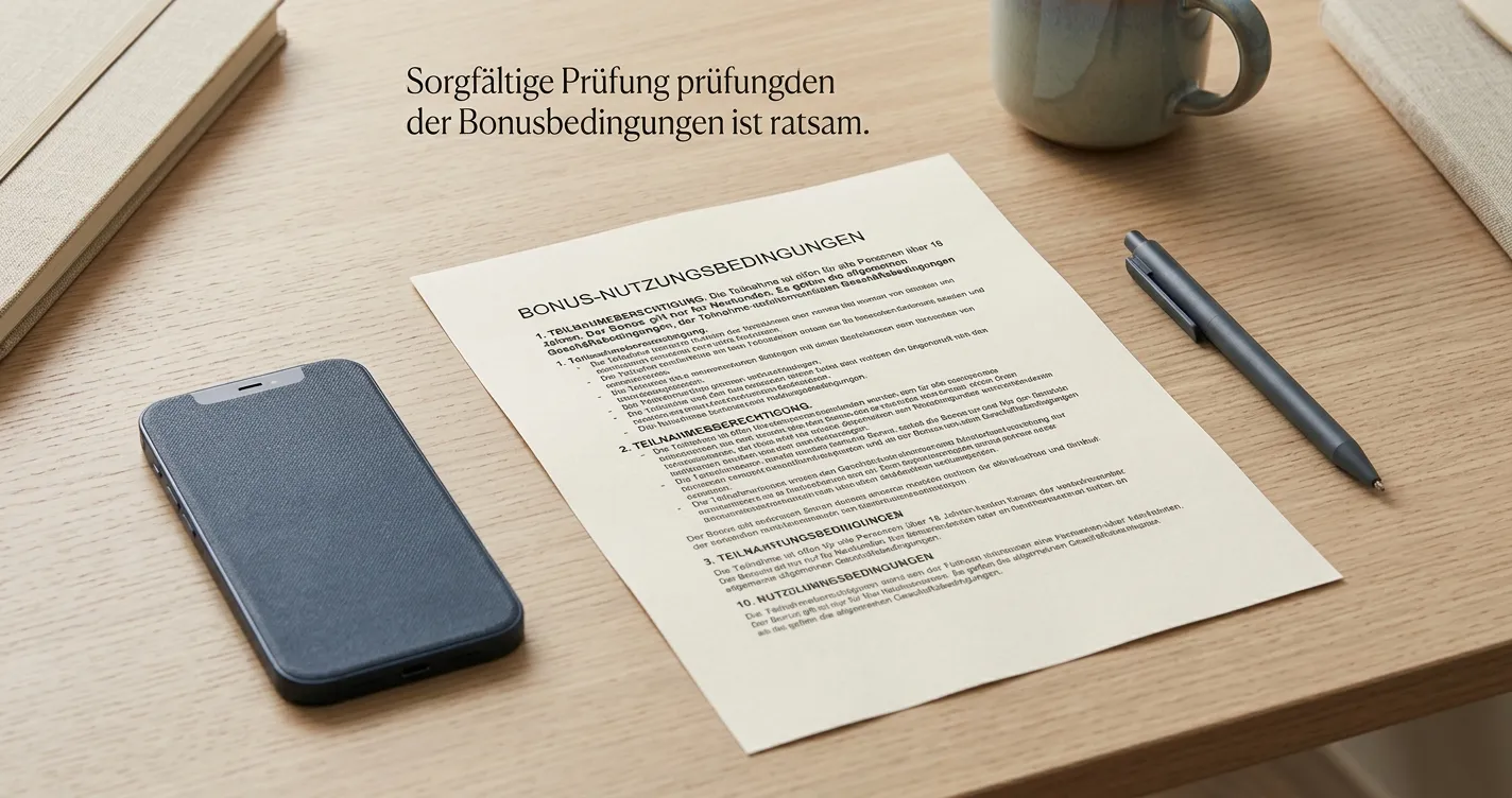 Neutrale Bonusbedingungen auf Papier neben Smartphone und Stift