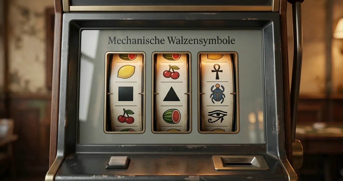 Abstrakte Spielautomatenwalzen mit Früchten und ägyptischen Symbolen ohne identifizierbare Spielmarke