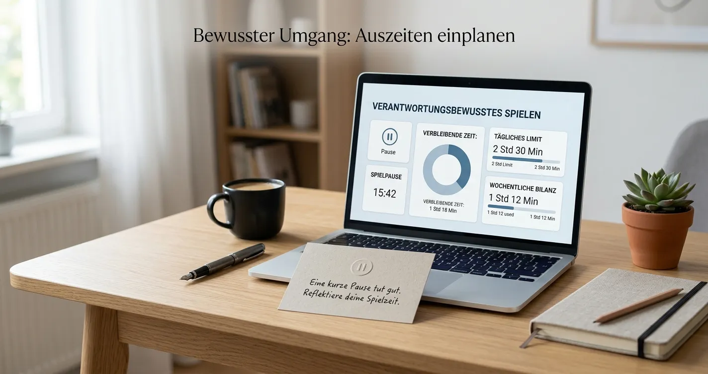 Neutrale Zeitleiste mit Spielpause und Schutzregeln an einem ruhigen Arbeitsplatz