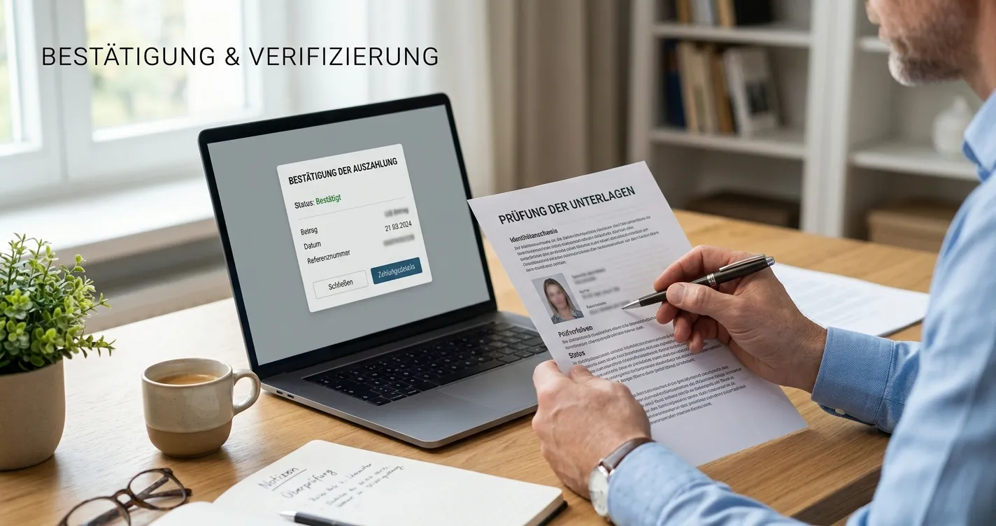 Ruhiger Schreibtisch mit neutraler Auszahlungsbestätigung und Dokumenten zur Identitätsprüfung