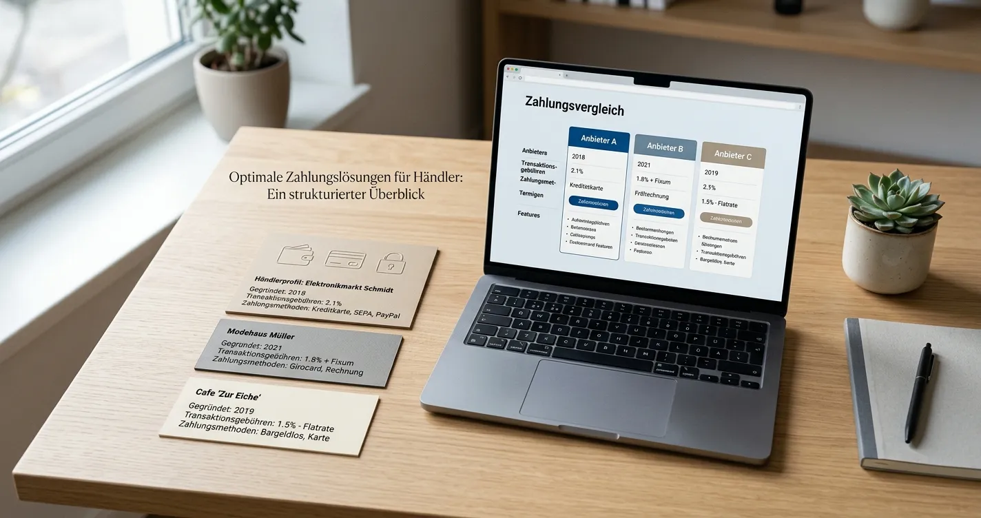 Vergleichende Unterlagen mit drei neutralen Händlerkarten und Wallet-Symbolen auf einem Tisch