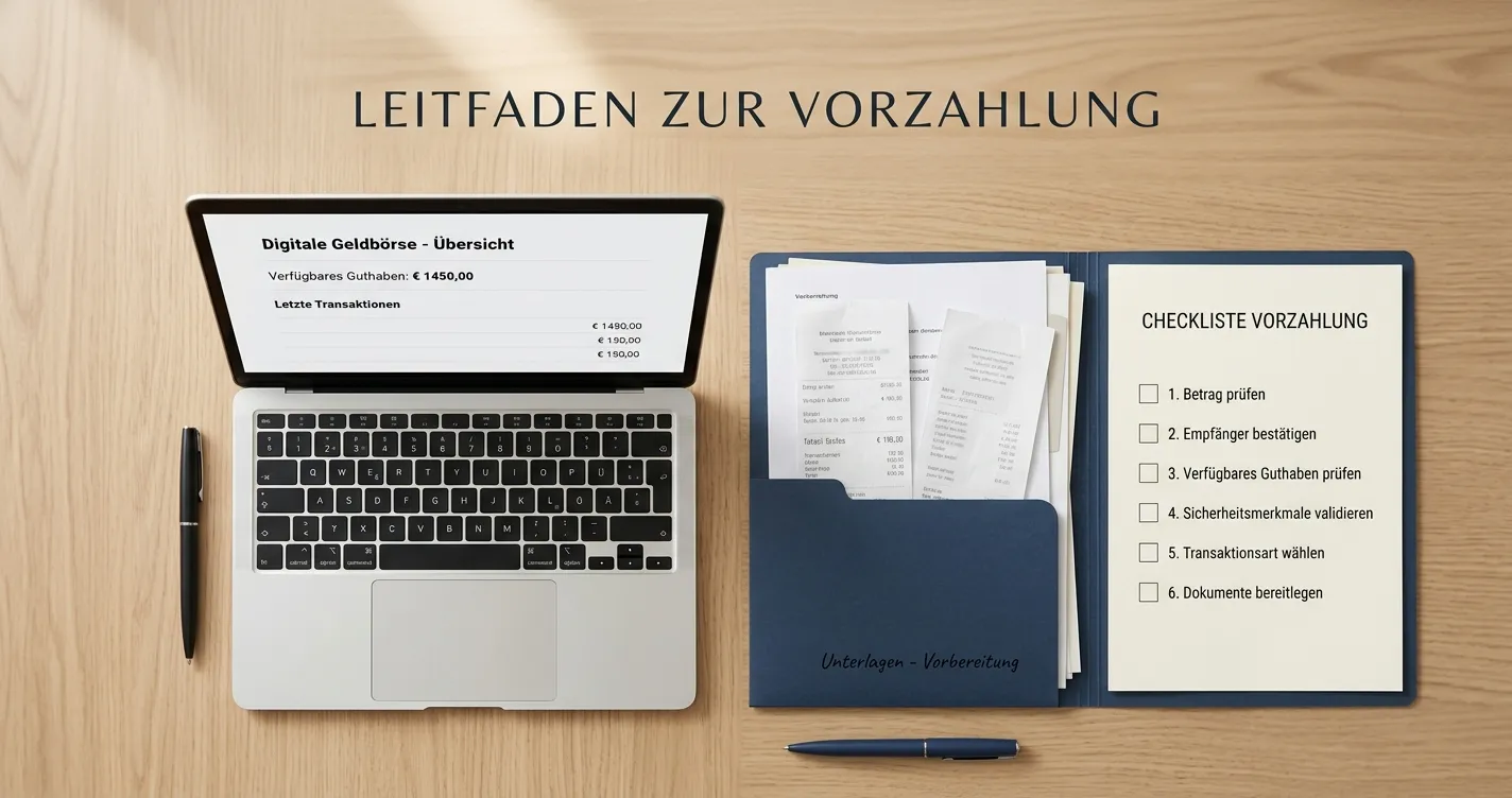 Ordentliche Checkliste neben Laptop und Wallet-Übersicht ohne sichtbare Markenlogos
