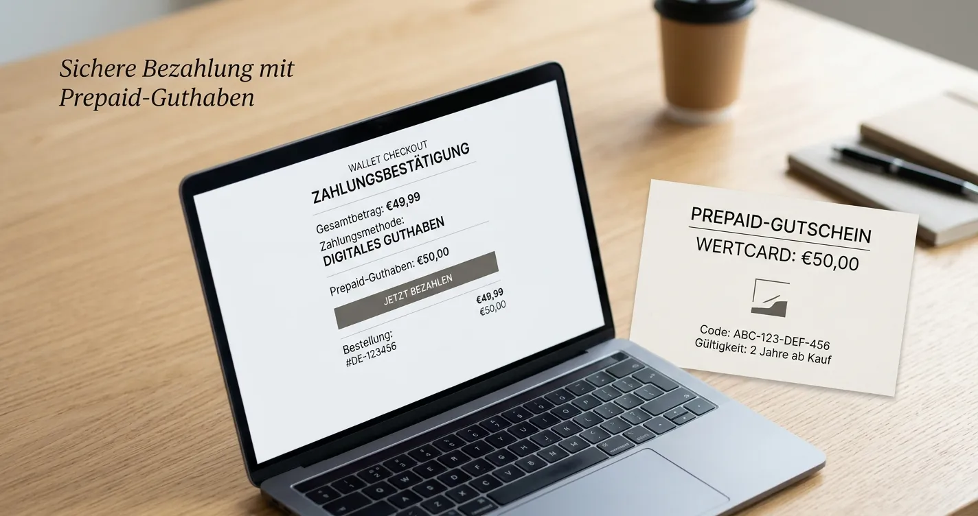 Laptop mit neutralem Wallet-Kassenbereich und daneben liegendem eVoucher ohne lesbaren Markentext
