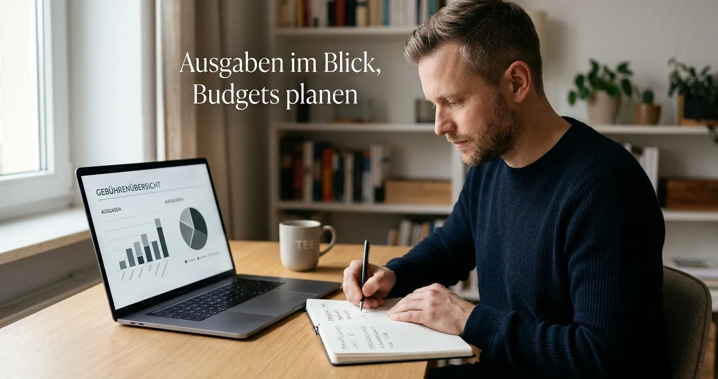 Person prüft eine klare Gebührenübersicht und einen handschriftlichen Ausgabenrahmen am Laptop