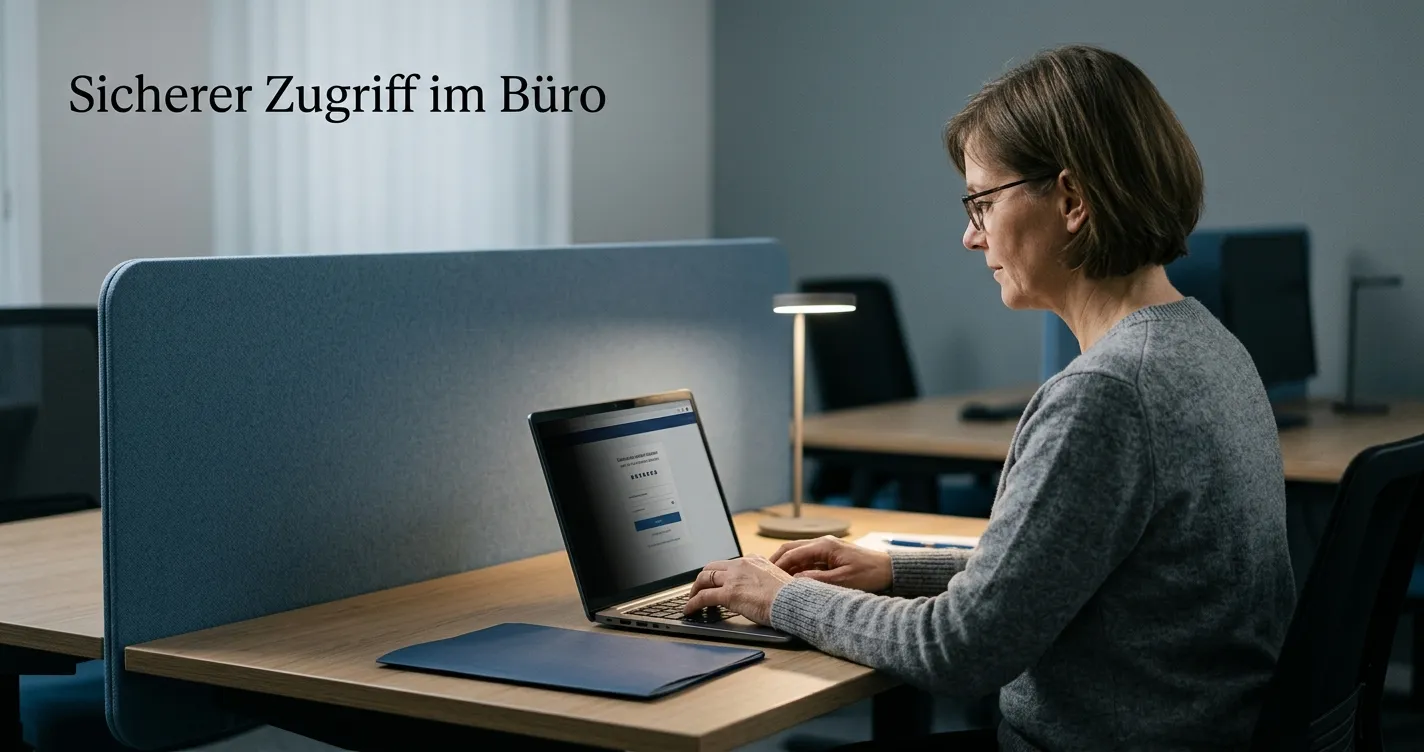 Person kontrolliert eine neutrale Wallet-Anmeldung auf einem Laptop in ruhiger Bürobeleuchtung