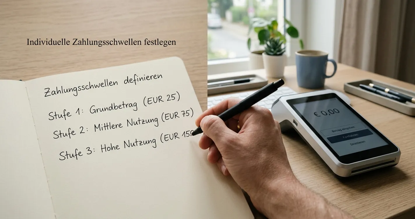 Hand mit Notizblatt neben einem neutralen Zahlungsfenster mit mehreren Schwellen