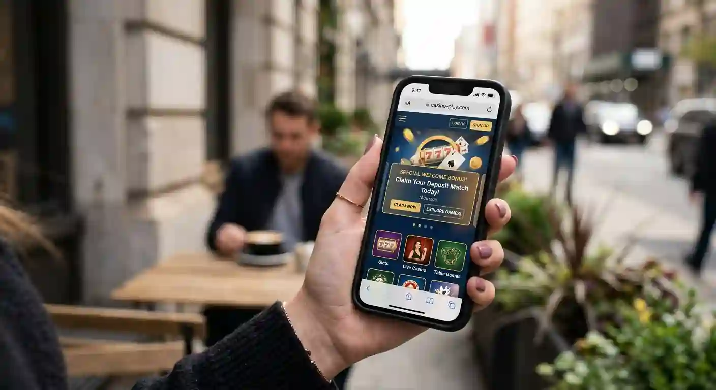 Hand hält Smartphone mit offenem Browser-Casino und Freispiel-Angebot