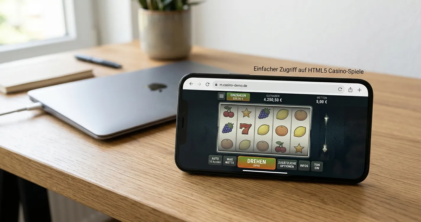 Smartphone mit neutralem HTML5-Spiel im Webbrowser auf einem ordentlichen Schreibtisch