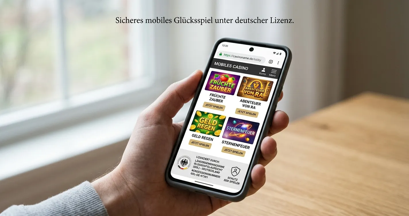 Smartphone mit mobilem Casino-Angebot und deutscher Lizenz-Badge