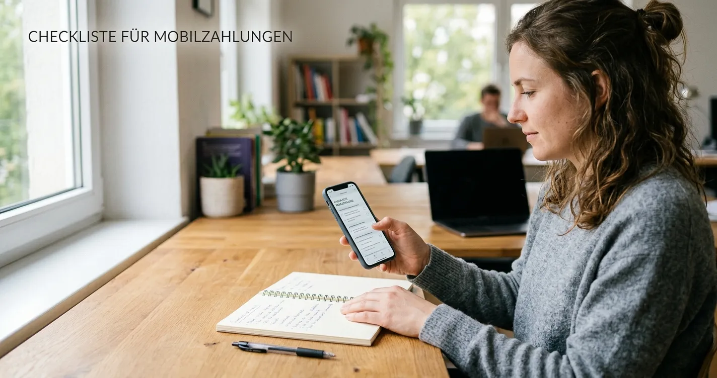 Person prüft eine mobile Einzahlung mit Notizblock und neutralem Smartphone
