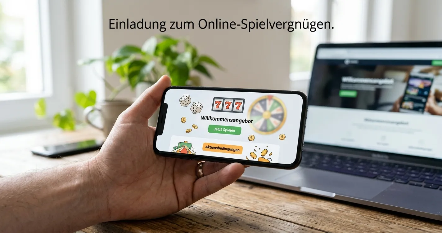 Person prüft eine neutrale Casino-Aktionsseite auf einem Smartphone ohne Markenlogo