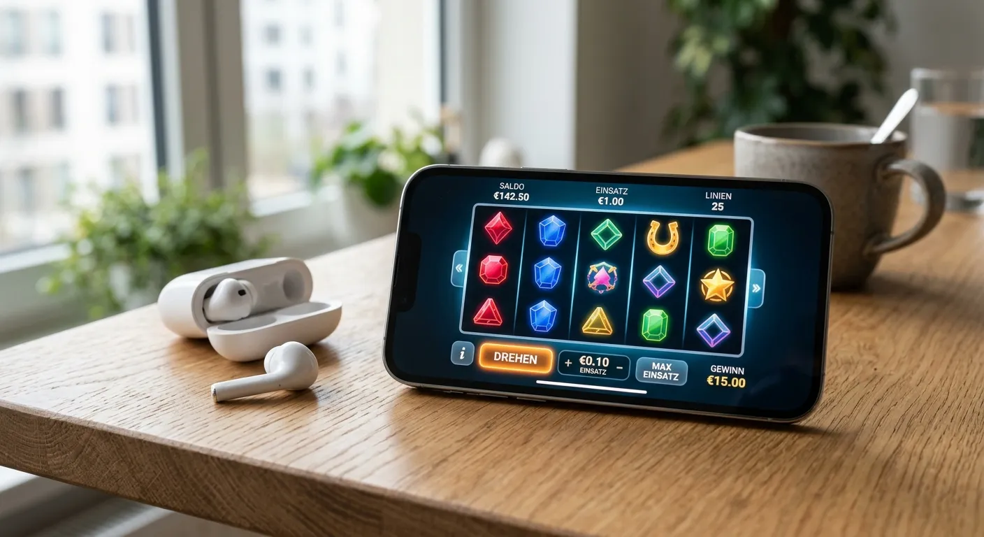 Smartphone auf Schreibtisch mit Mobile-Casino-Spiel