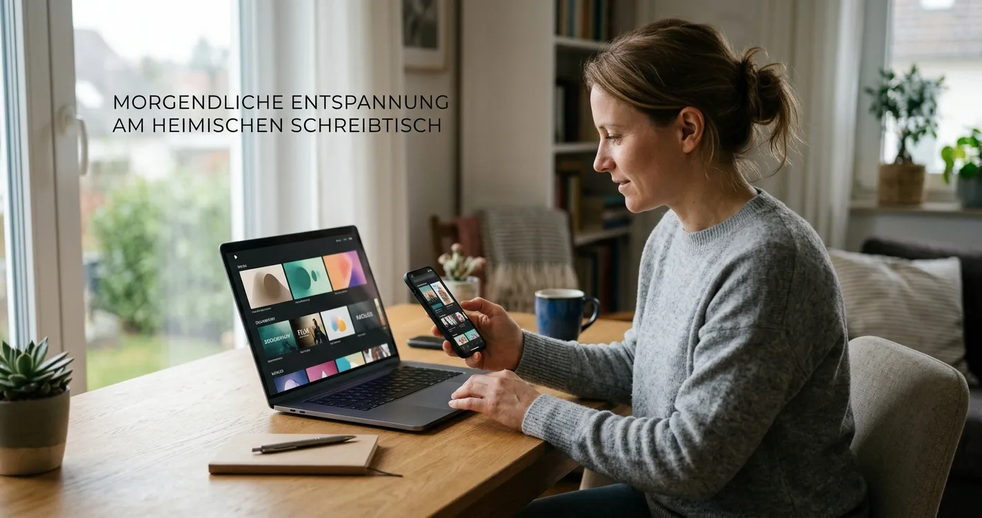 Person mit Smartphone und Laptop an einem ruhigen Schreibtisch ohne Markenoberflächen