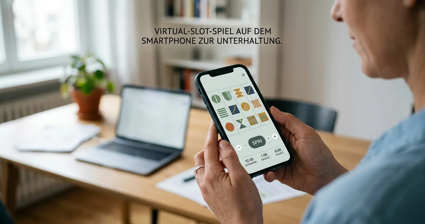 Smartphone mit neutraler Darstellung virtueller Spielautomaten und Tischspiel-Symbolen
