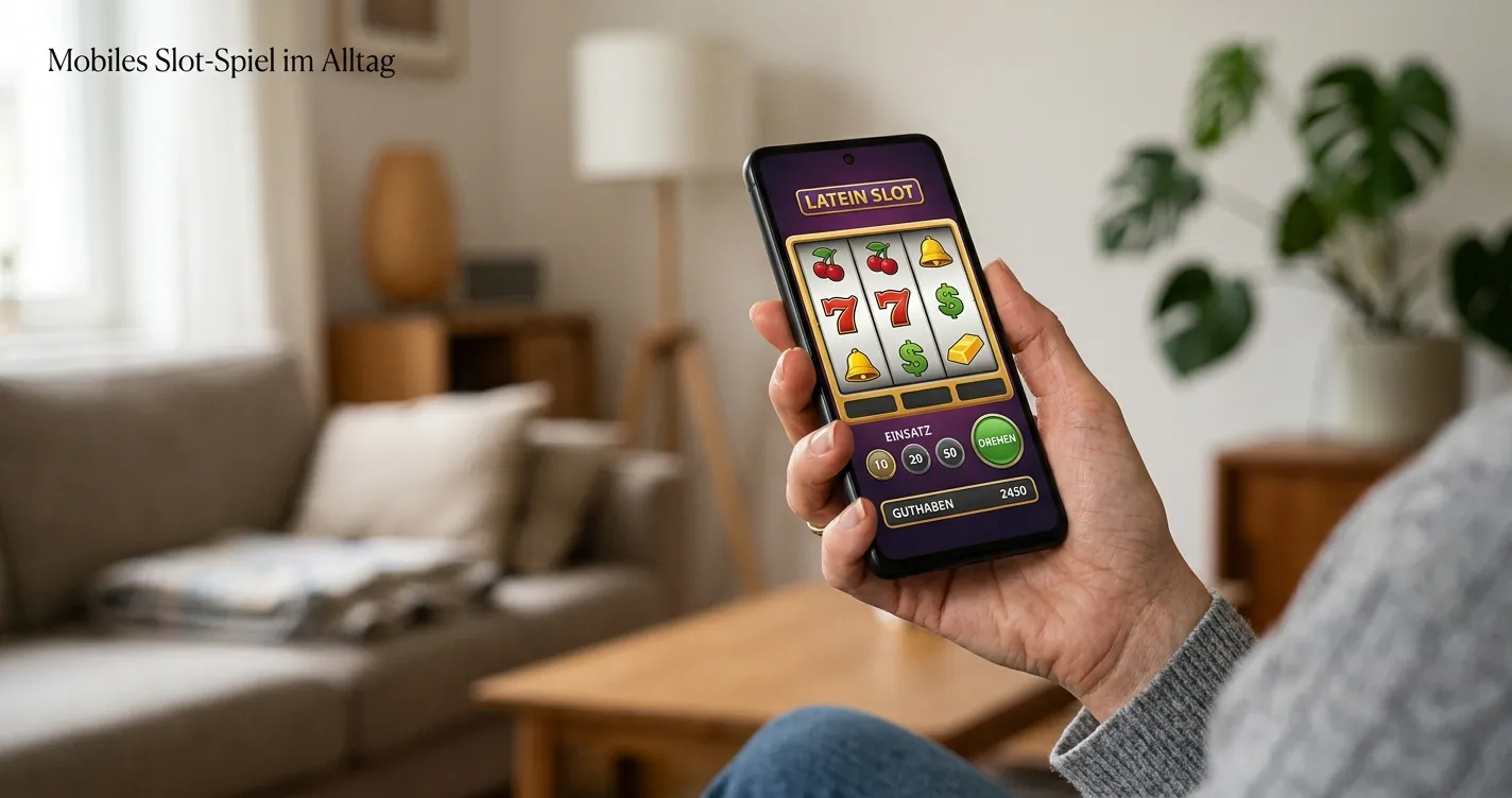 Person spielt einen neutral dargestellten Spielautomaten im mobilen Webbrowser auf einem Smartphone