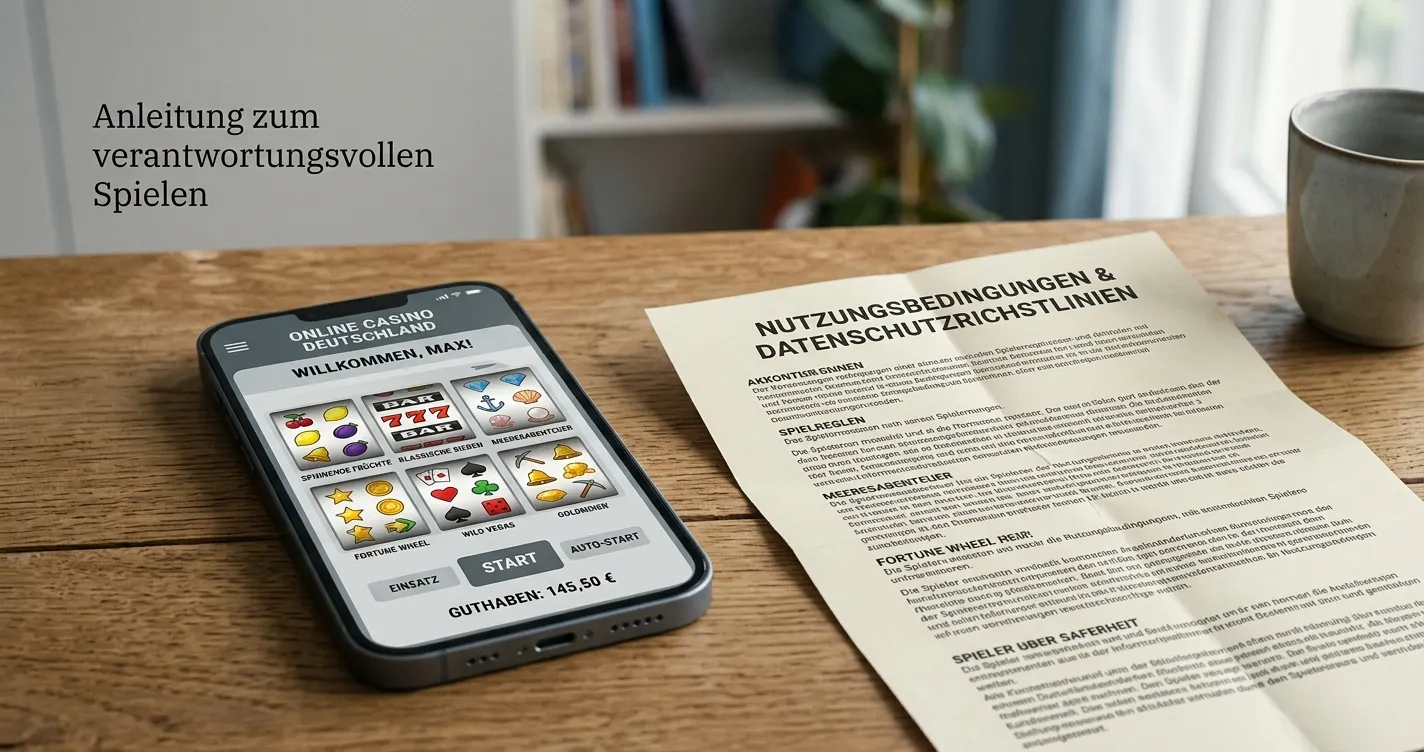 Smartphone mit neutraler Automatenspiel-Oberfläche neben Bedingungen auf Papier