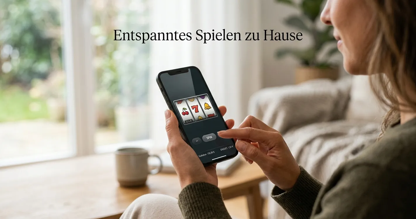 Person nutzt ein Smartphone mit neutraler Automatenspiel-Oberfläche in ruhiger Umgebung
