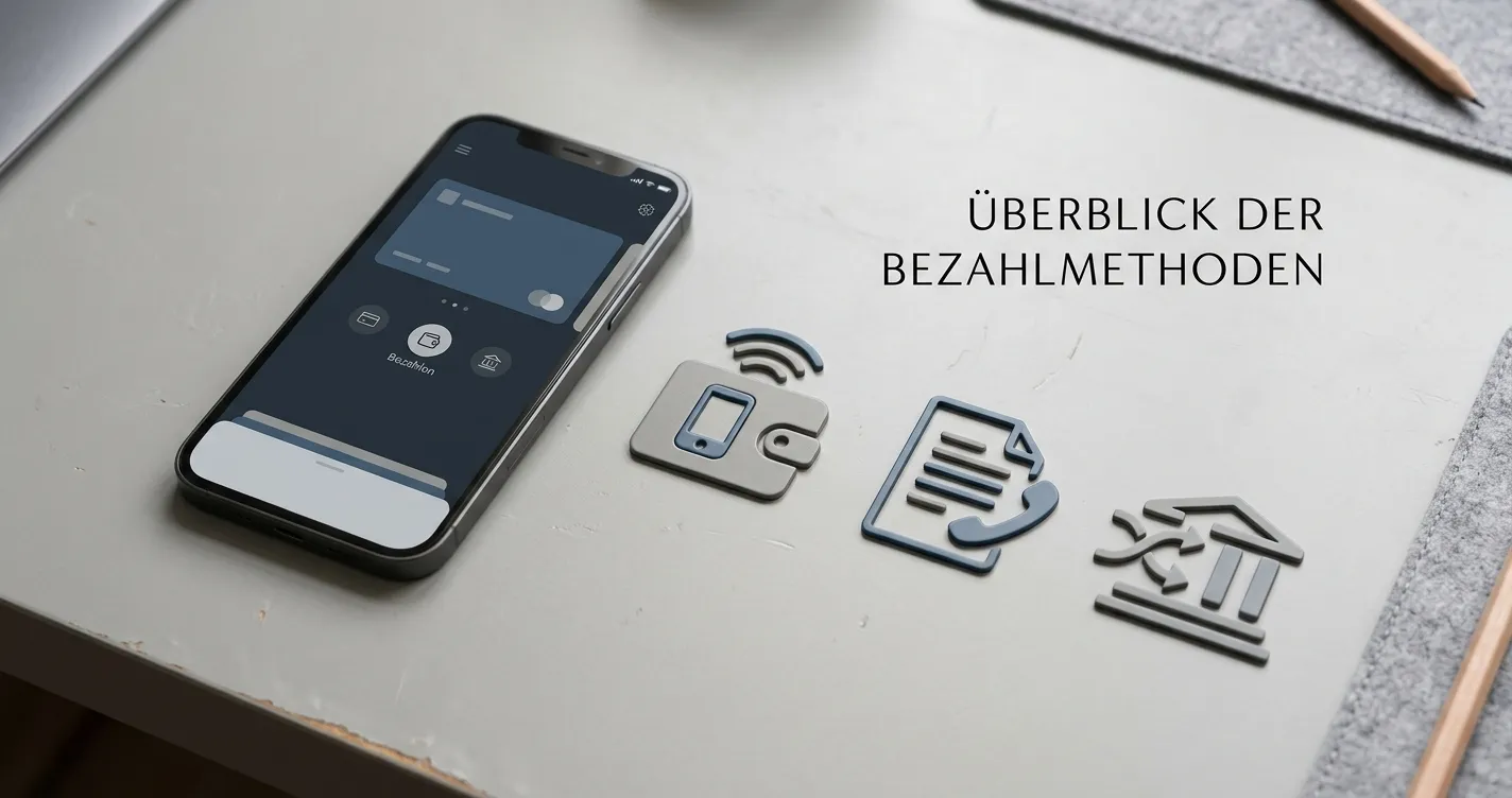 Smartphone mit neutralen Symbolen für Karte, Wallet und Mobilfunk