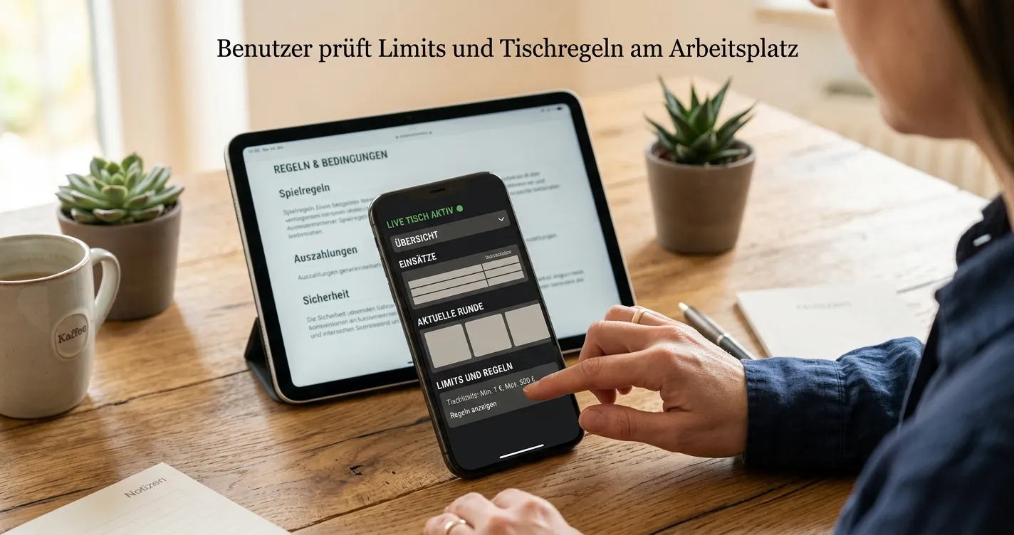 Mobiles Gerät mit neutraler Casino-Oberfläche und lesbaren Tischbedingungen