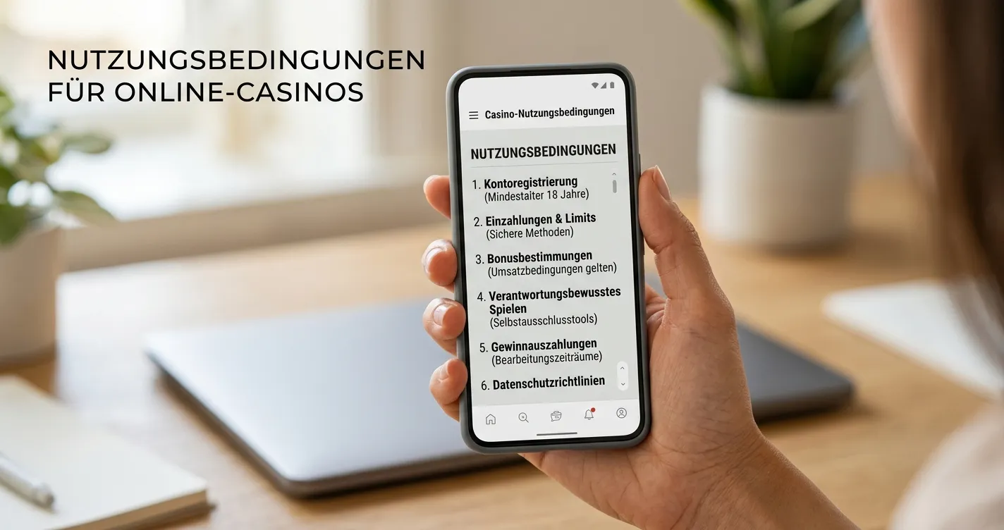 Smartphone mit neutraler Casino-Oberfläche und sichtbaren Bedingungen